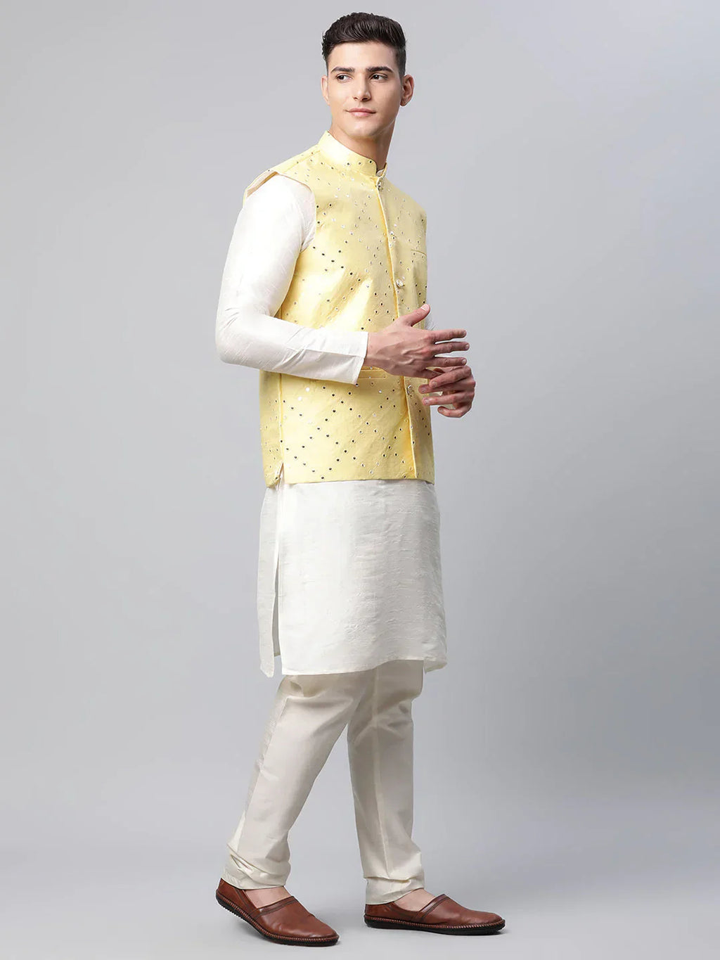 Jompers Men's Dupion Silk Kurta Pyjama With Yellow Mirror Work Nehru Jacket