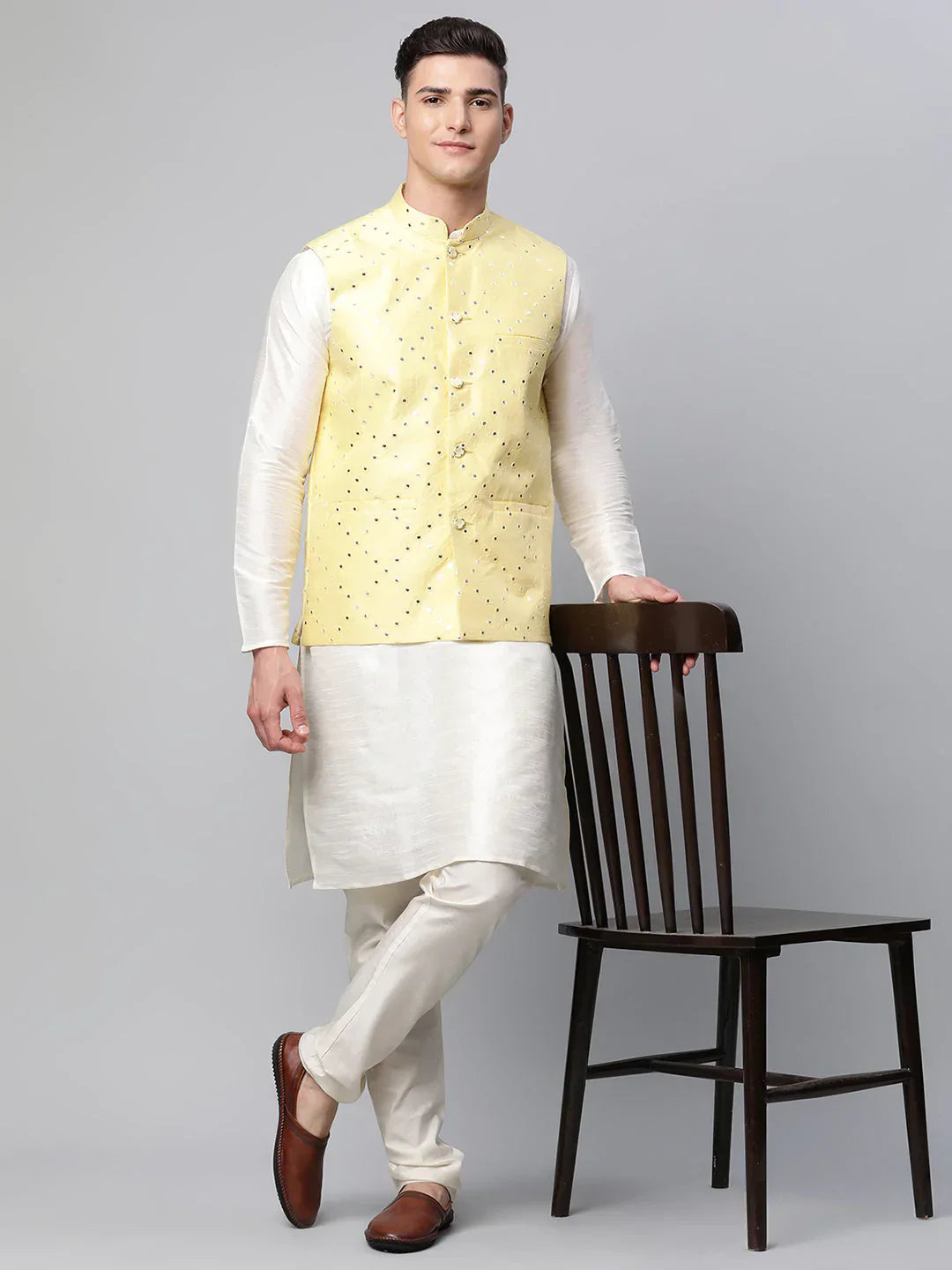 Jompers Men's Dupion Silk Kurta Pyjama With Yellow Mirror Work Nehru Jacket
