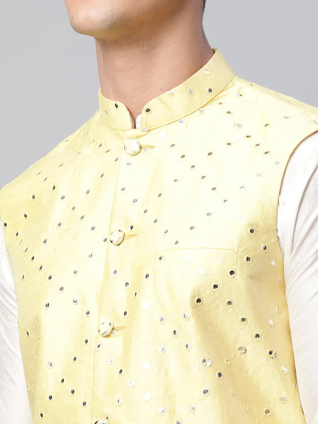 Jompers Men's Dupion Silk Kurta Pyjama With Yellow Mirror Work Nehru Jacket