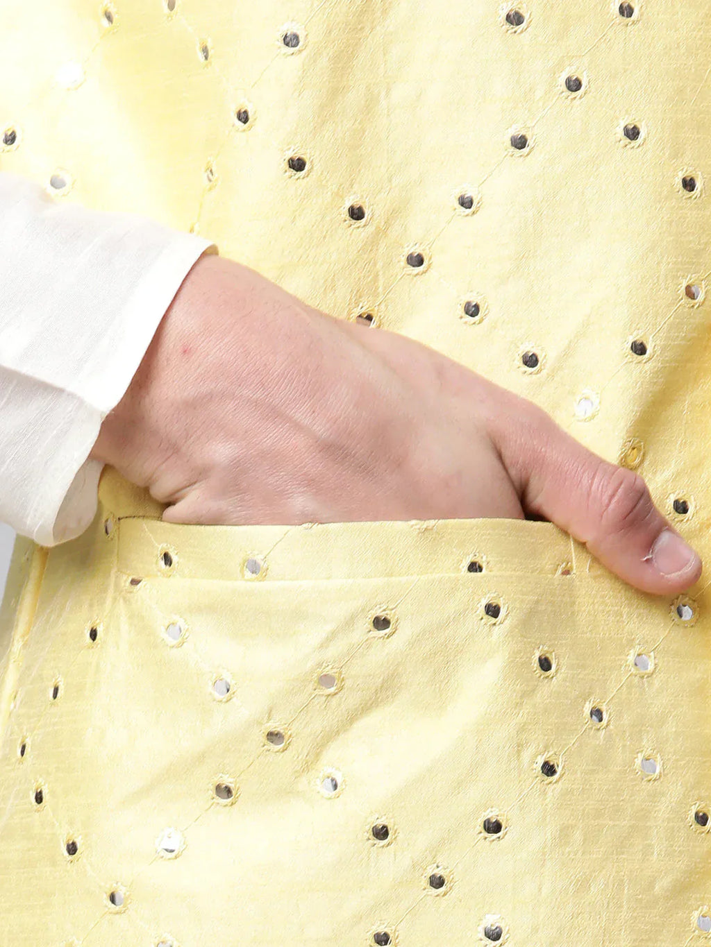 Jompers Men's Dupion Silk Kurta Pyjama With Yellow Mirror Work Nehru Jacket