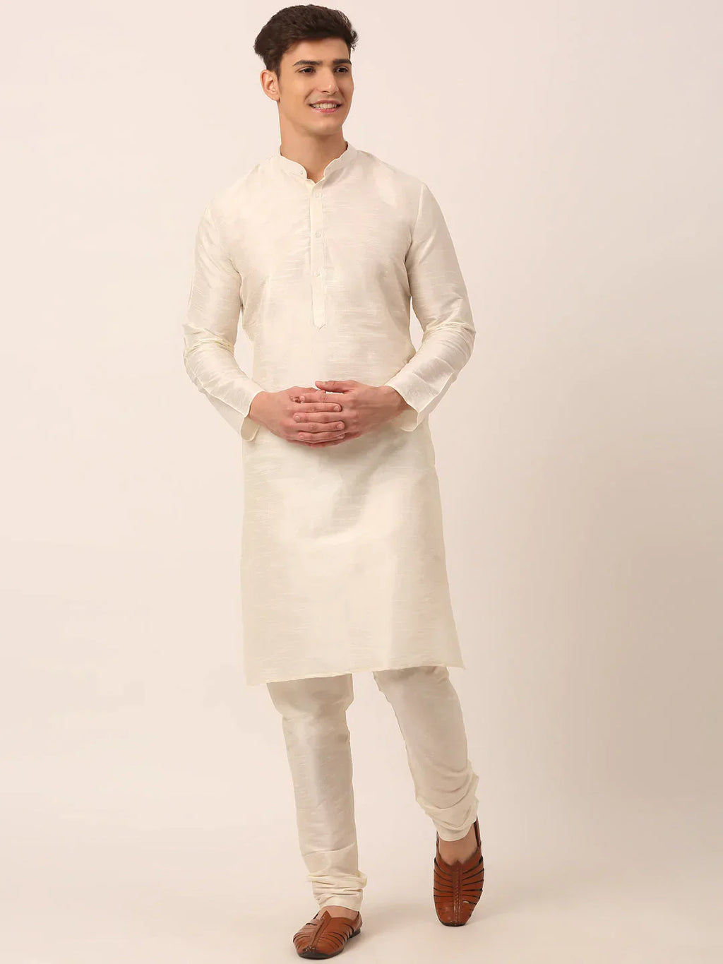 Jompers Men's Solid Kurta Pyjama With Blue Floral Embroidered Nehru Jacket