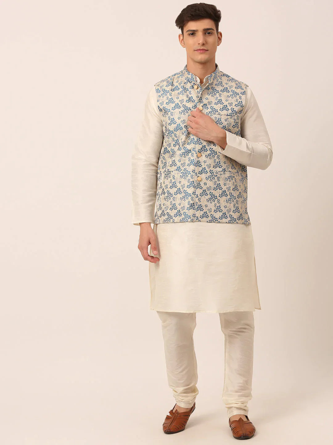 Jompers Men's Solid Kurta Pyjama With Blue Floral Embroidered Nehru Jacket