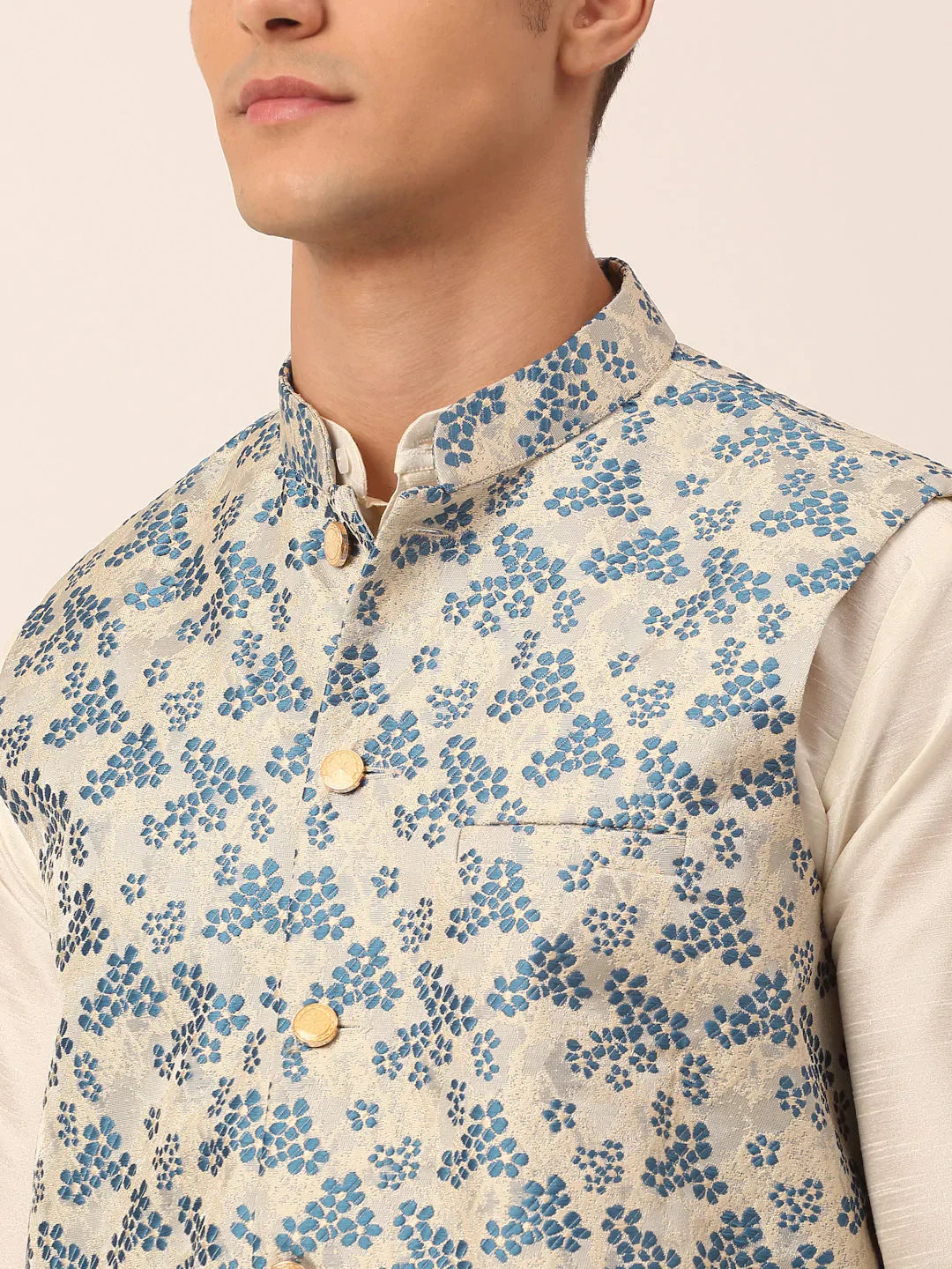 Jompers Men's Solid Kurta Pyjama With Blue Floral Embroidered Nehru Jacket