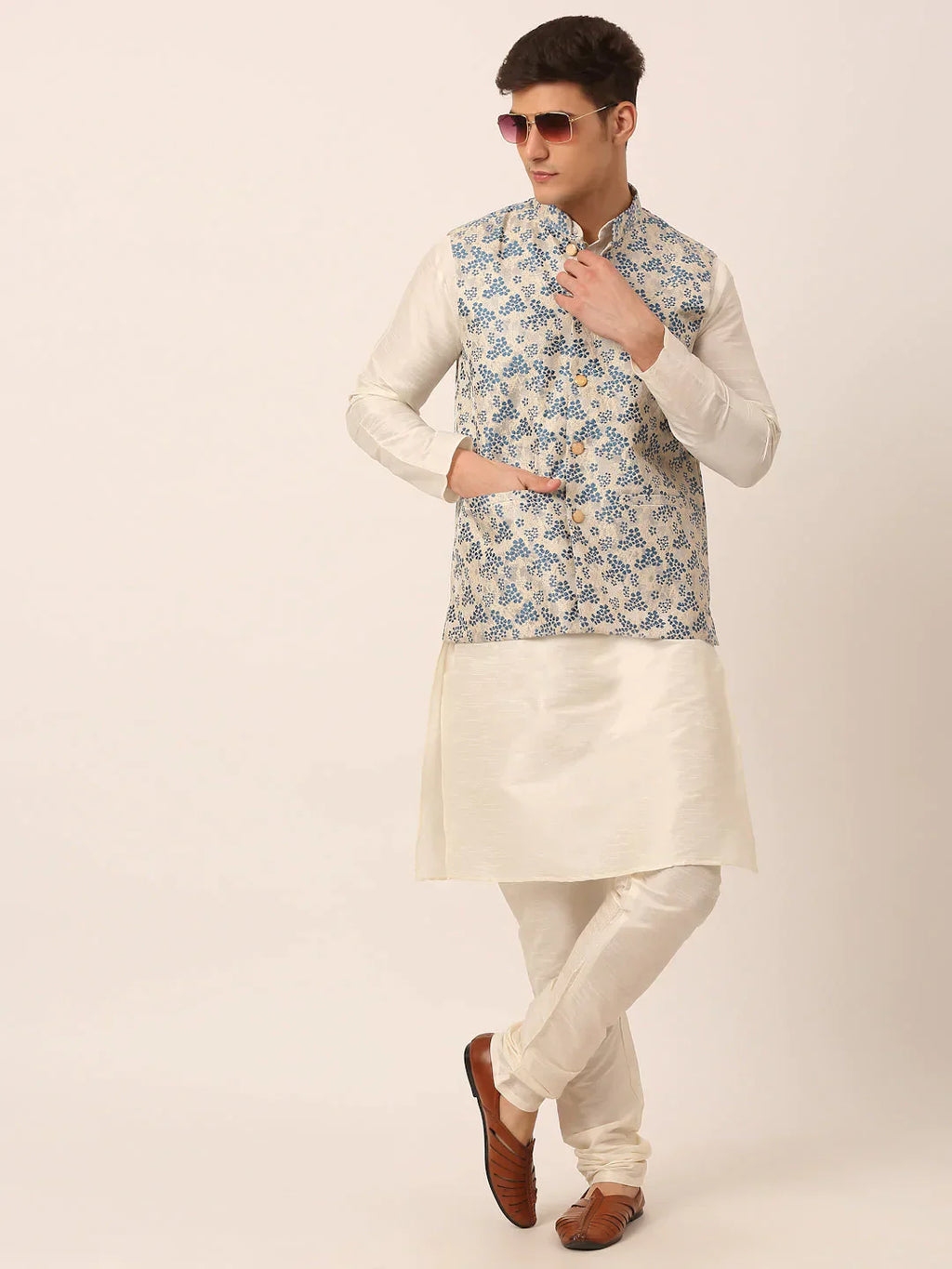 Jompers Men's Solid Kurta Pyjama With Blue Floral Embroidered Nehru Jacket