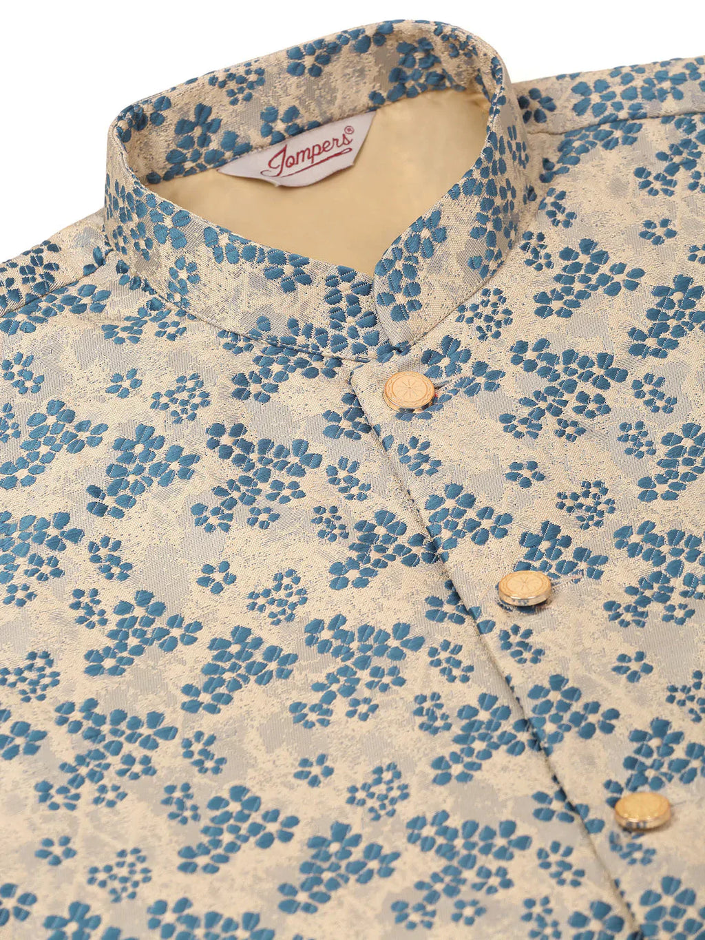 Jompers Men's Solid Kurta Pyjama With Blue Floral Embroidered Nehru Jacket