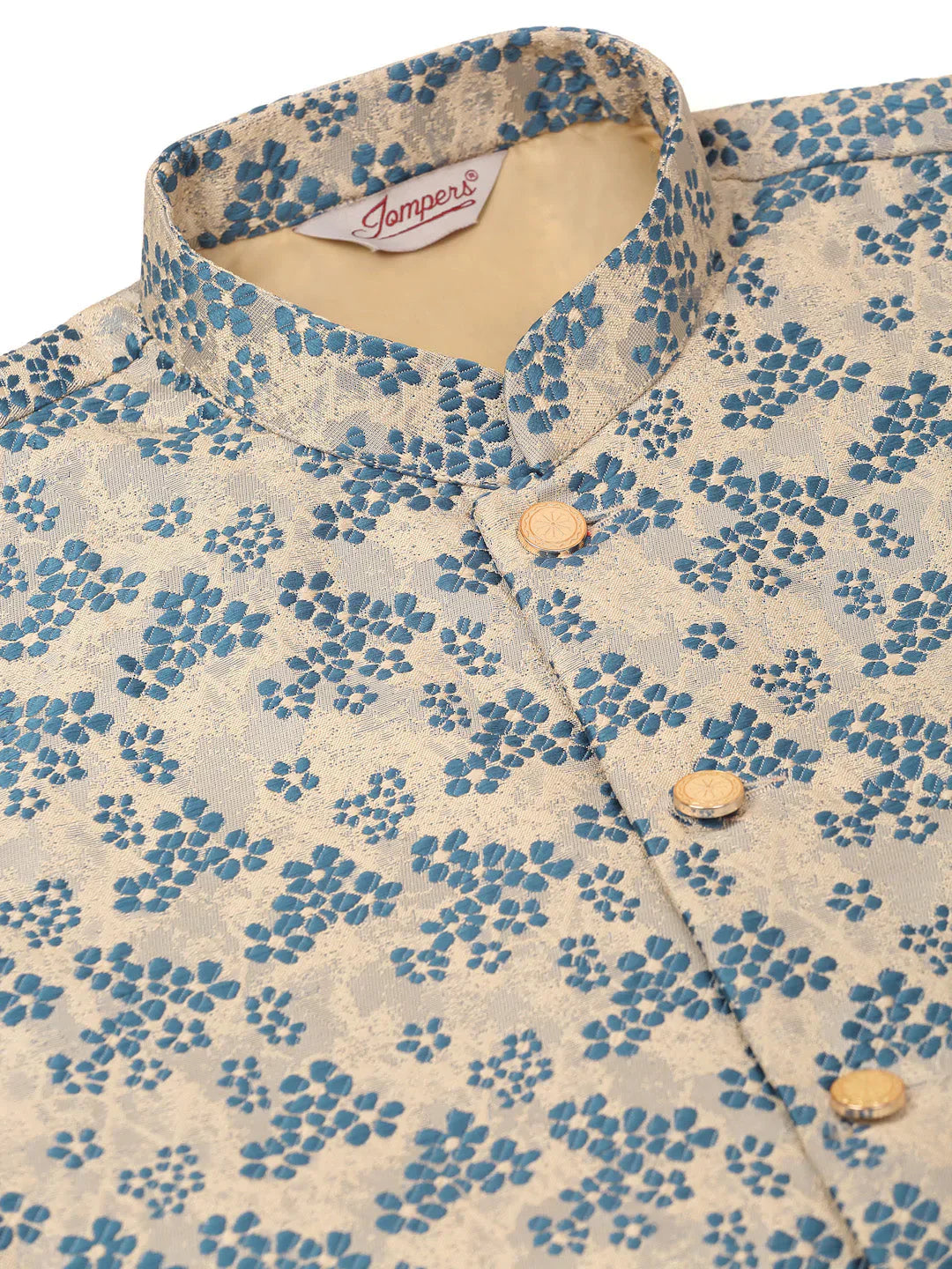 Jompers Men's Solid Kurta Pyjama With Blue Floral Embroidered Nehru Jacket