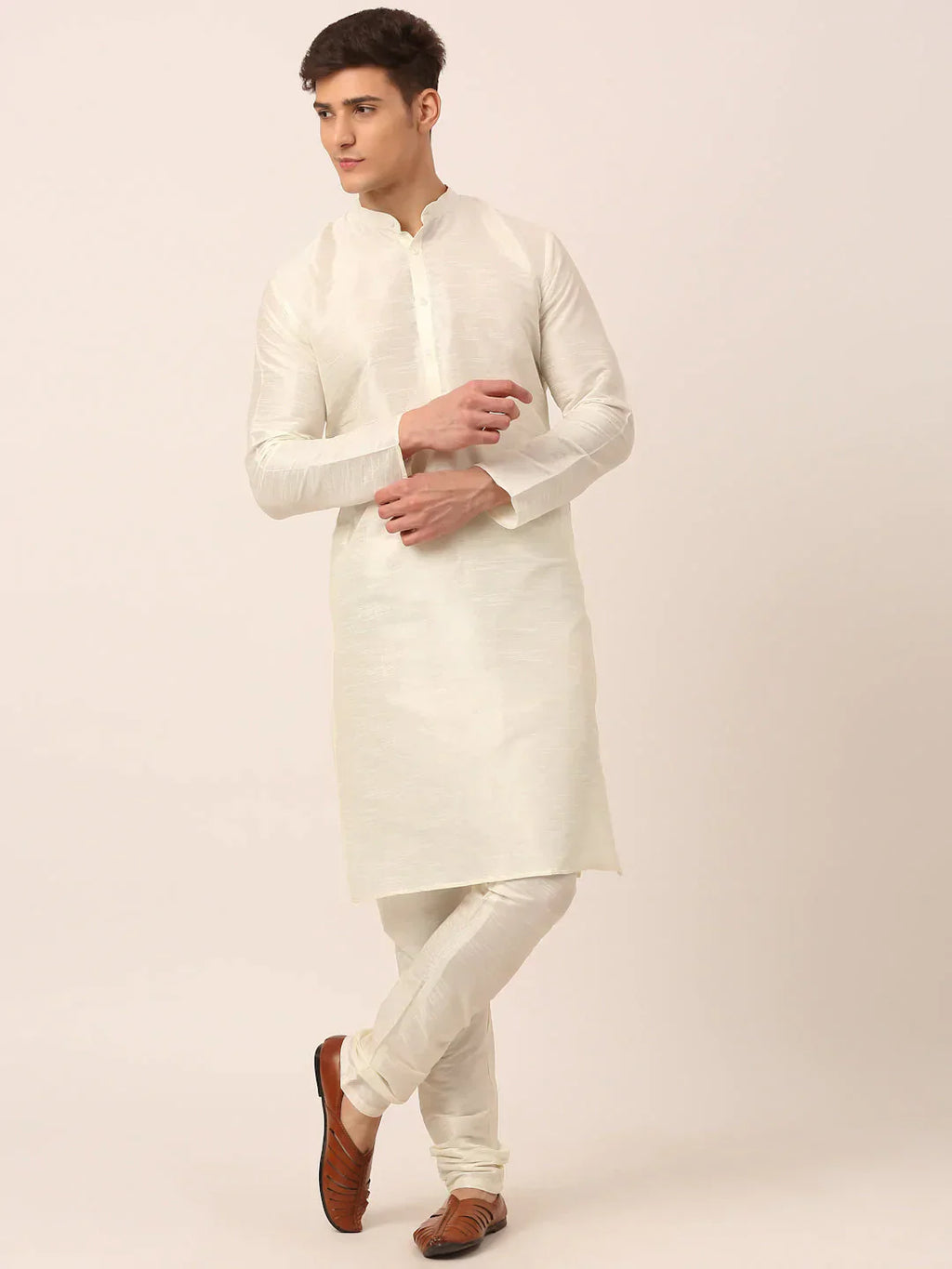 Jompers Men's Solid Kurta Pyjama With Golden Floral Embroidered Nehru Jacket
