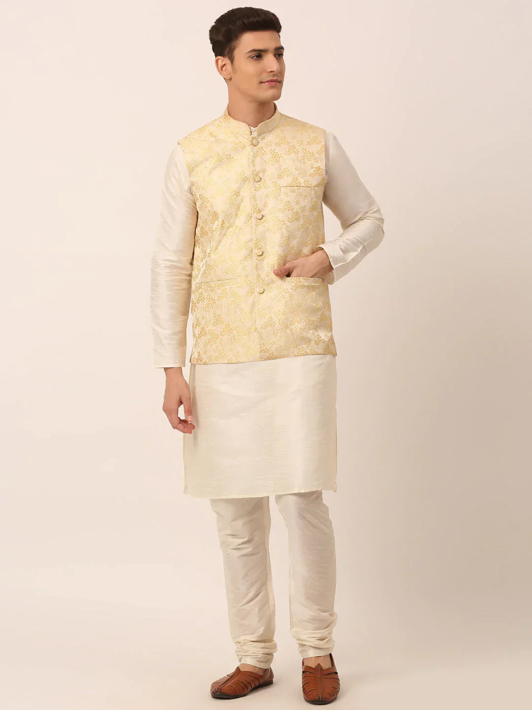 Jompers Men's Solid Kurta Pyjama With Golden Floral Embroidered Nehru Jacket