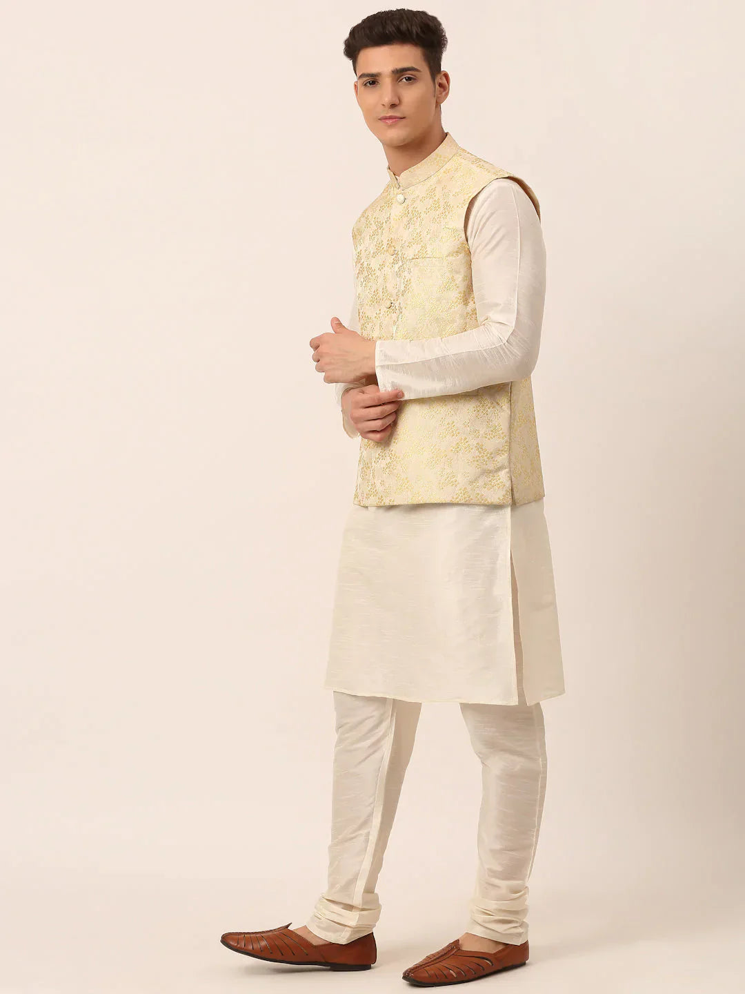 Jompers Men's Solid Kurta Pyjama With Golden Floral Embroidered Nehru Jacket