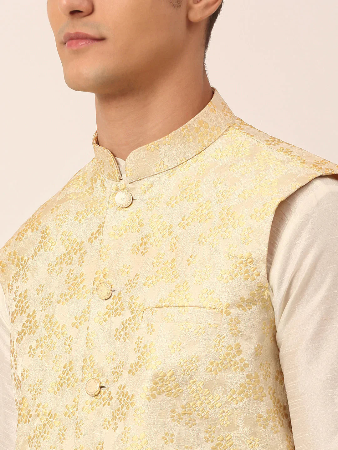 Jompers Men's Solid Kurta Pyjama With Golden Floral Embroidered Nehru Jacket