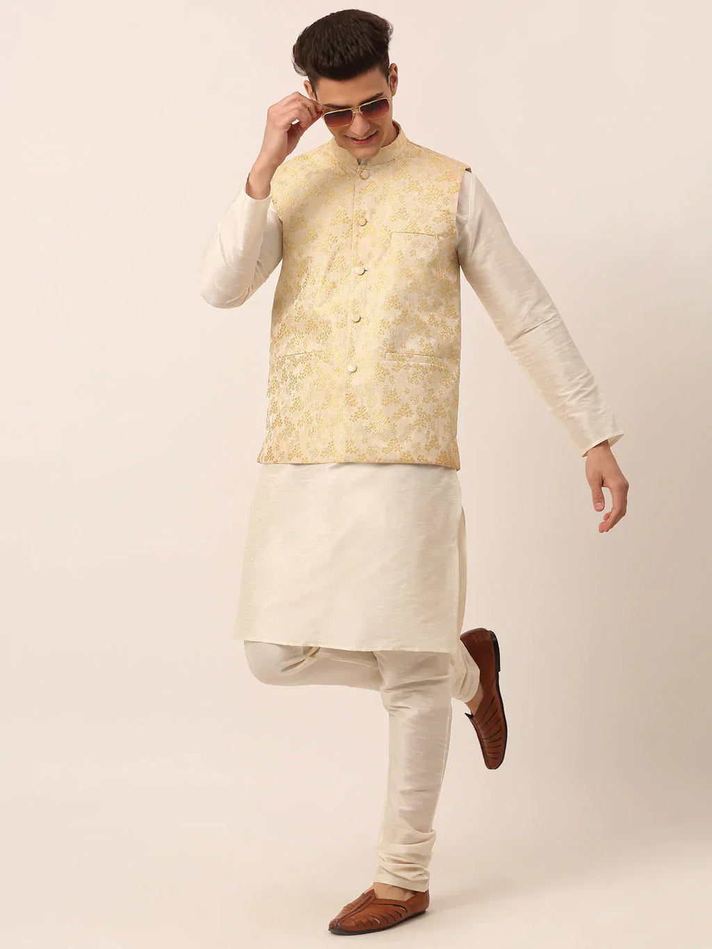 Jompers Men's Solid Kurta Pyjama With Golden Floral Embroidered Nehru Jacket