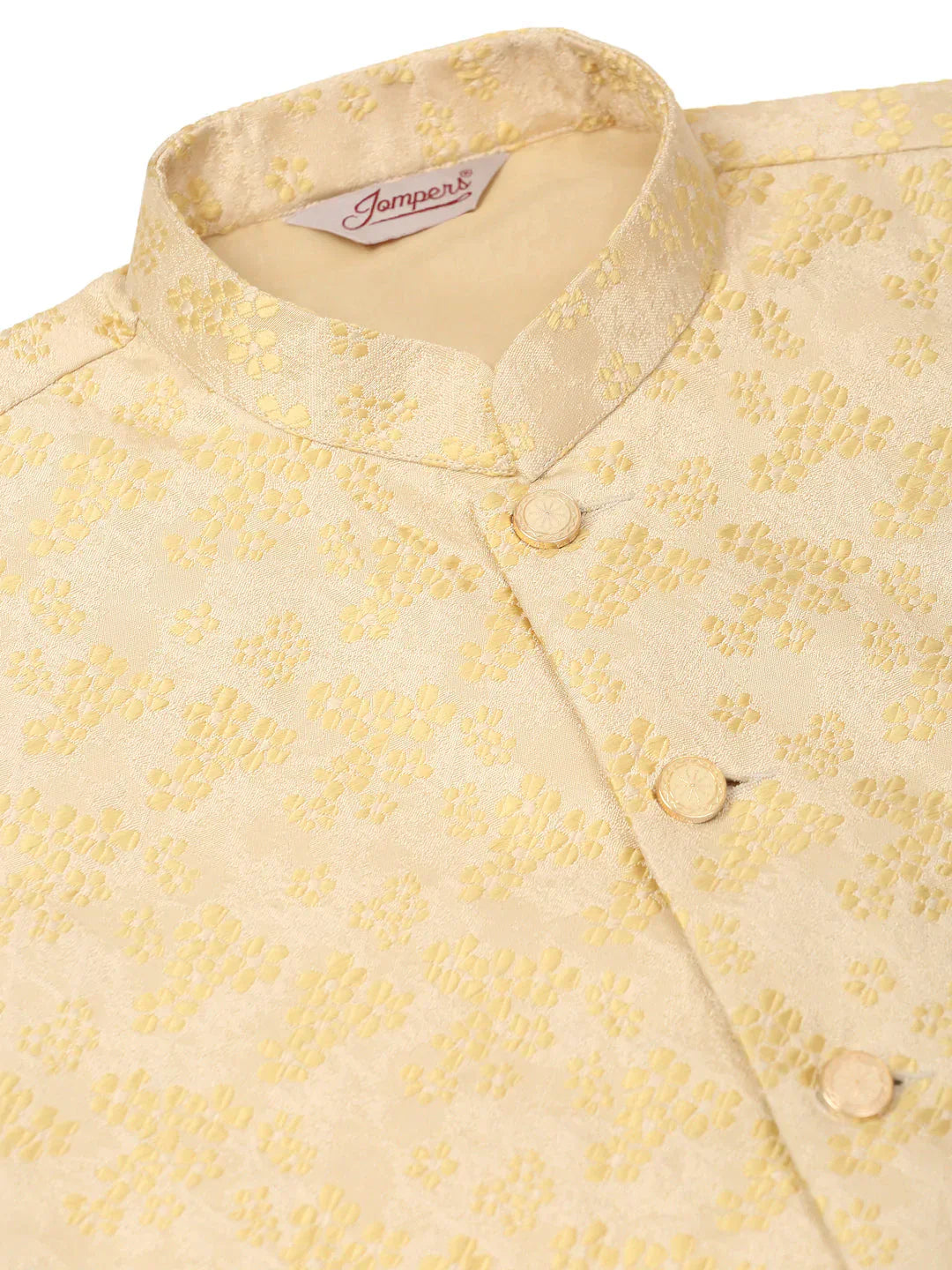 Jompers Men's Solid Kurta Pyjama With Golden Floral Embroidered Nehru Jacket