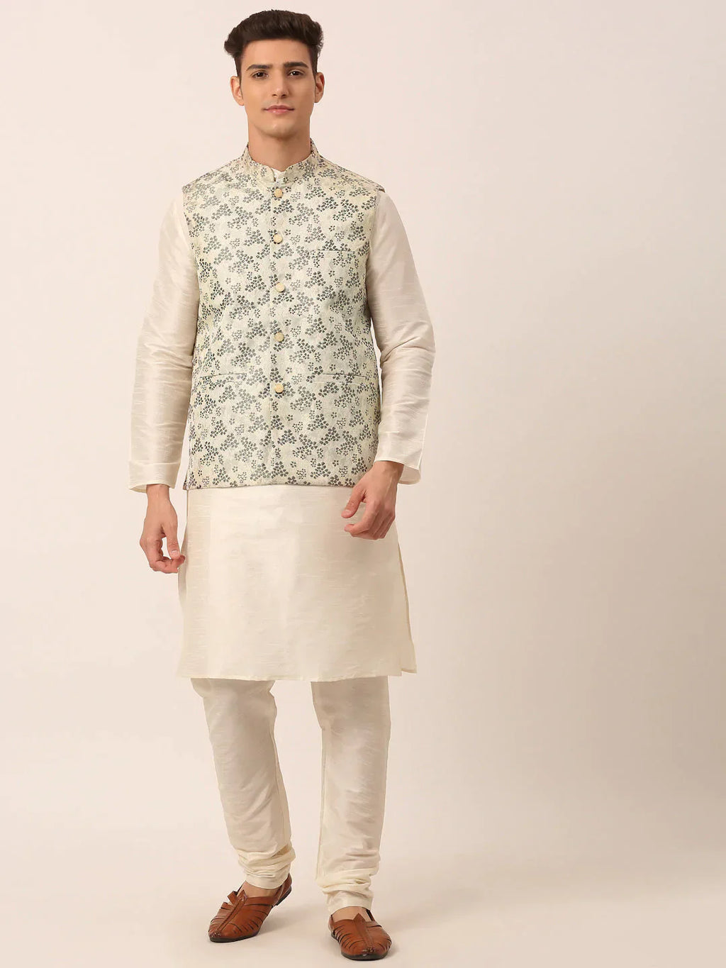 Jompers Men's Solid Kurta Pyjama With Grey Floral Embroidered Nehru Jacket
