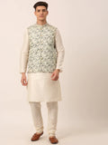 Jompers Men's Solid Kurta Pyjama With Grey Floral Embroidered Nehru Jacket