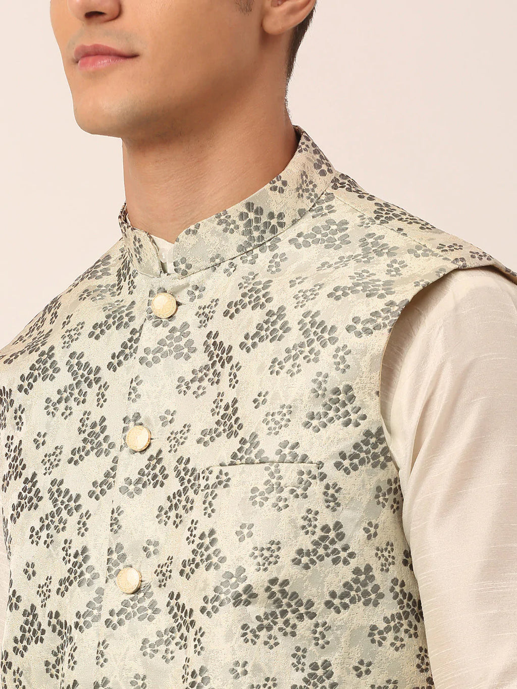 Jompers Men's Solid Kurta Pyjama With Grey Floral Embroidered Nehru Jacket