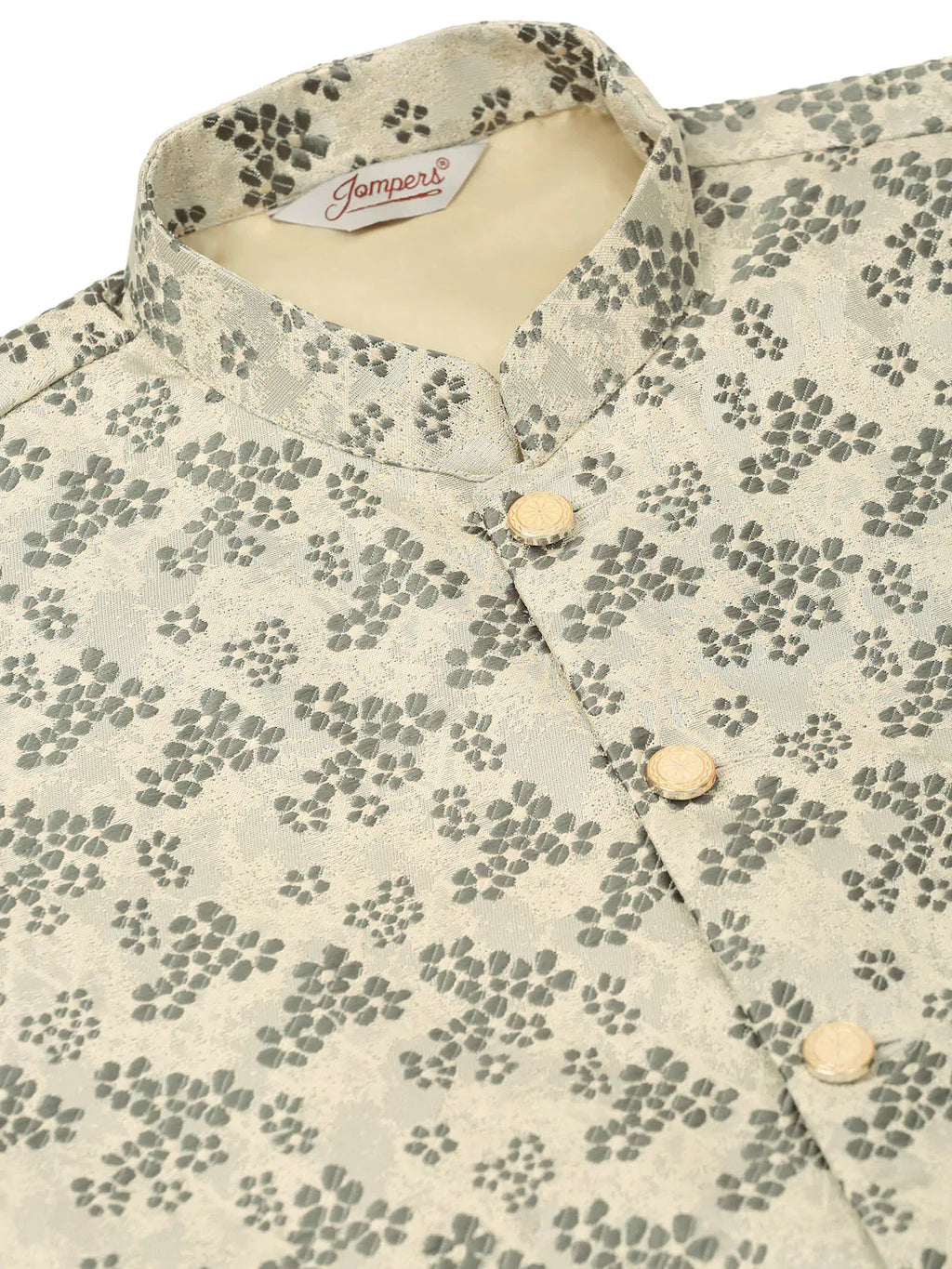 Jompers Men's Solid Kurta Pyjama With Grey Floral Embroidered Nehru Jacket