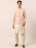 Jompers Men's Solid Kurta Pyjama With Pink Floral Embroidered Nehru Jacket