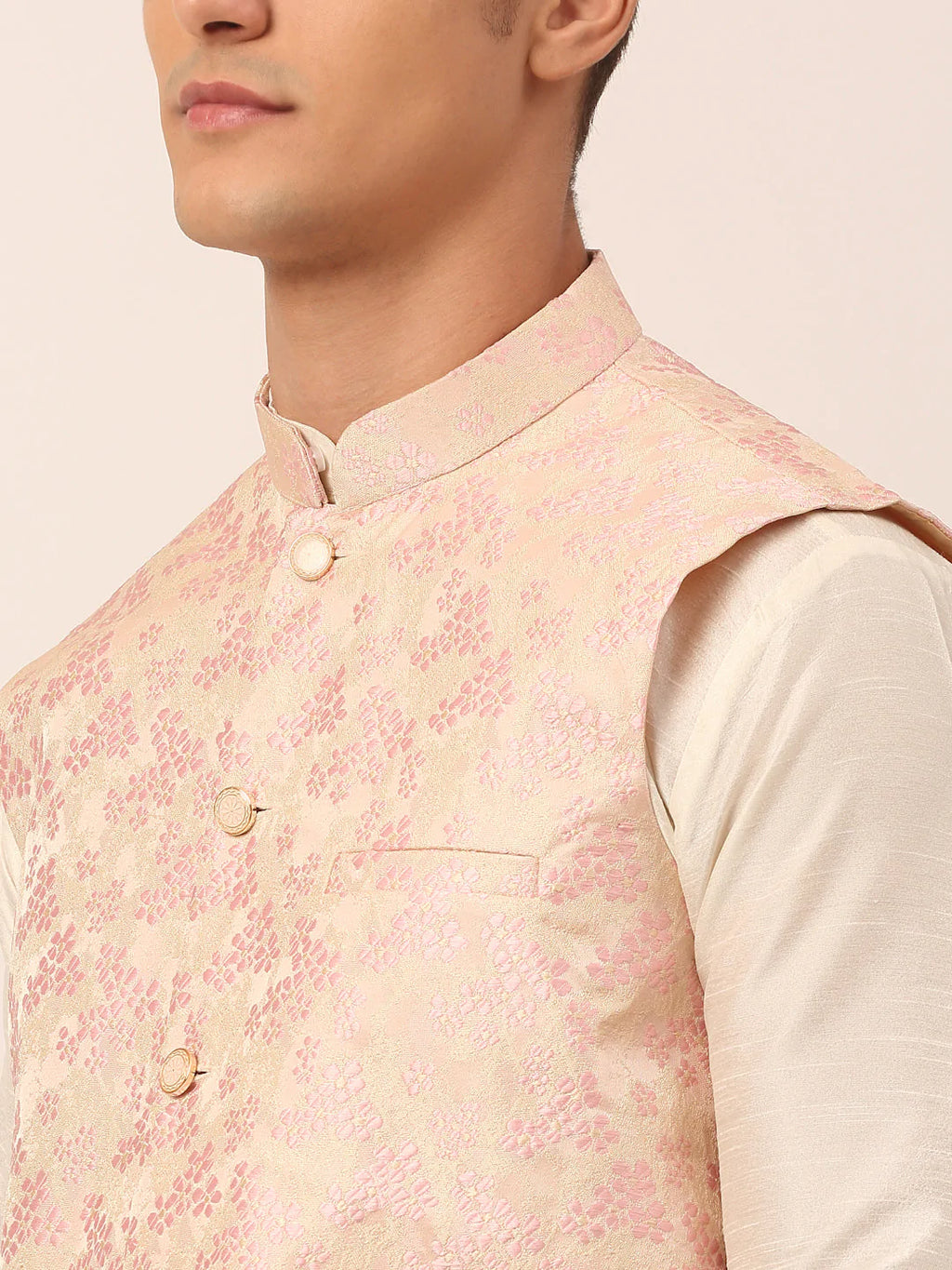 Jompers Men's Solid Kurta Pyjama With Pink Floral Embroidered Nehru Jacket