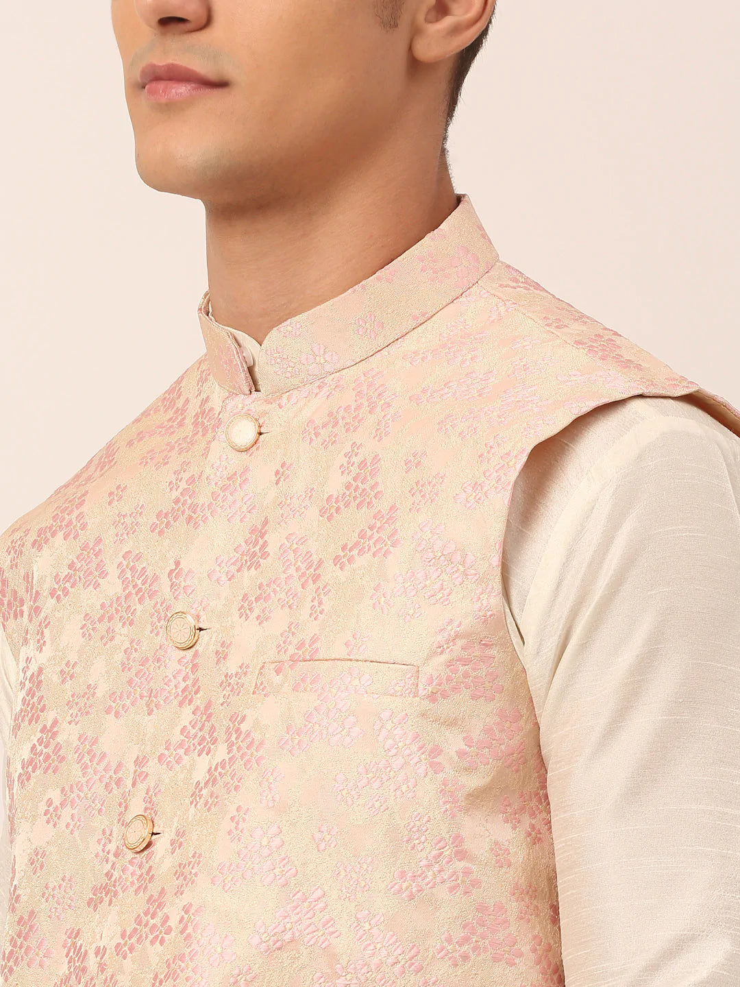 Jompers Men's Solid Kurta Pyjama With Pink Floral Embroidered Nehru Jacket