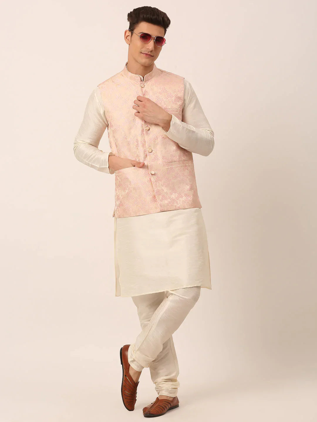 Jompers Men's Solid Kurta Pyjama With Pink Floral Embroidered Nehru Jacket
