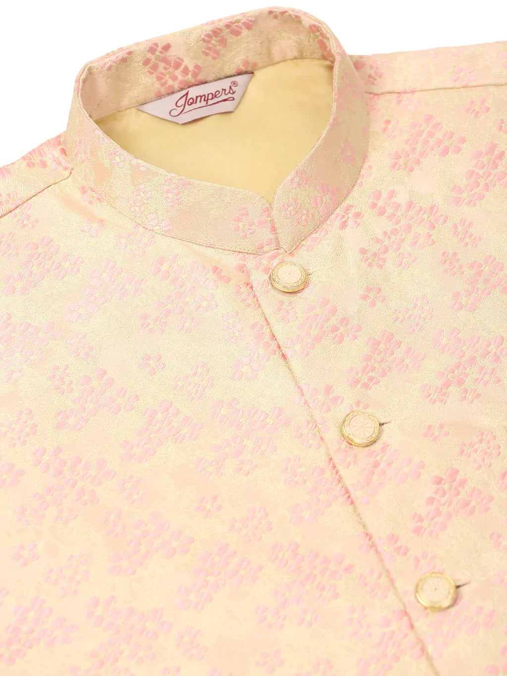 Jompers Men's Solid Kurta Pyjama With Pink Floral Embroidered Nehru Jacket