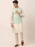Jompers Men's Solid Kurta Pyjama With Sky Blue Floral Embroidered Nehru Jacket