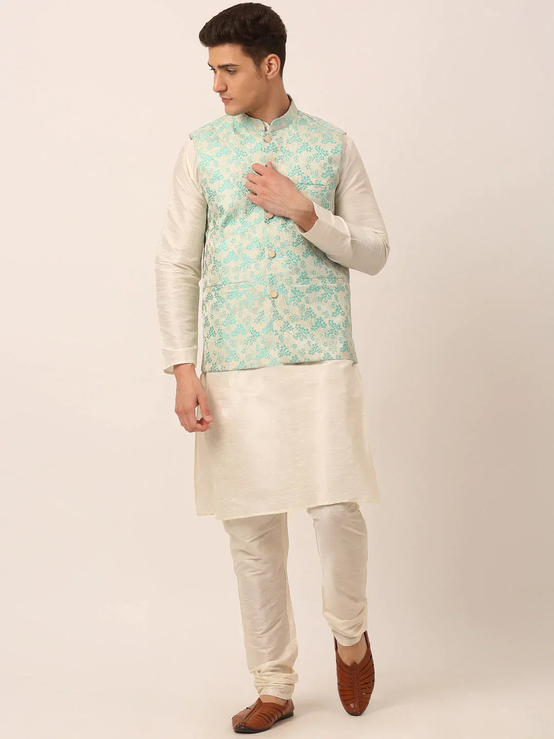 Jompers Men's Solid Kurta Pyjama With Sky Blue Floral Embroidered Nehru Jacket