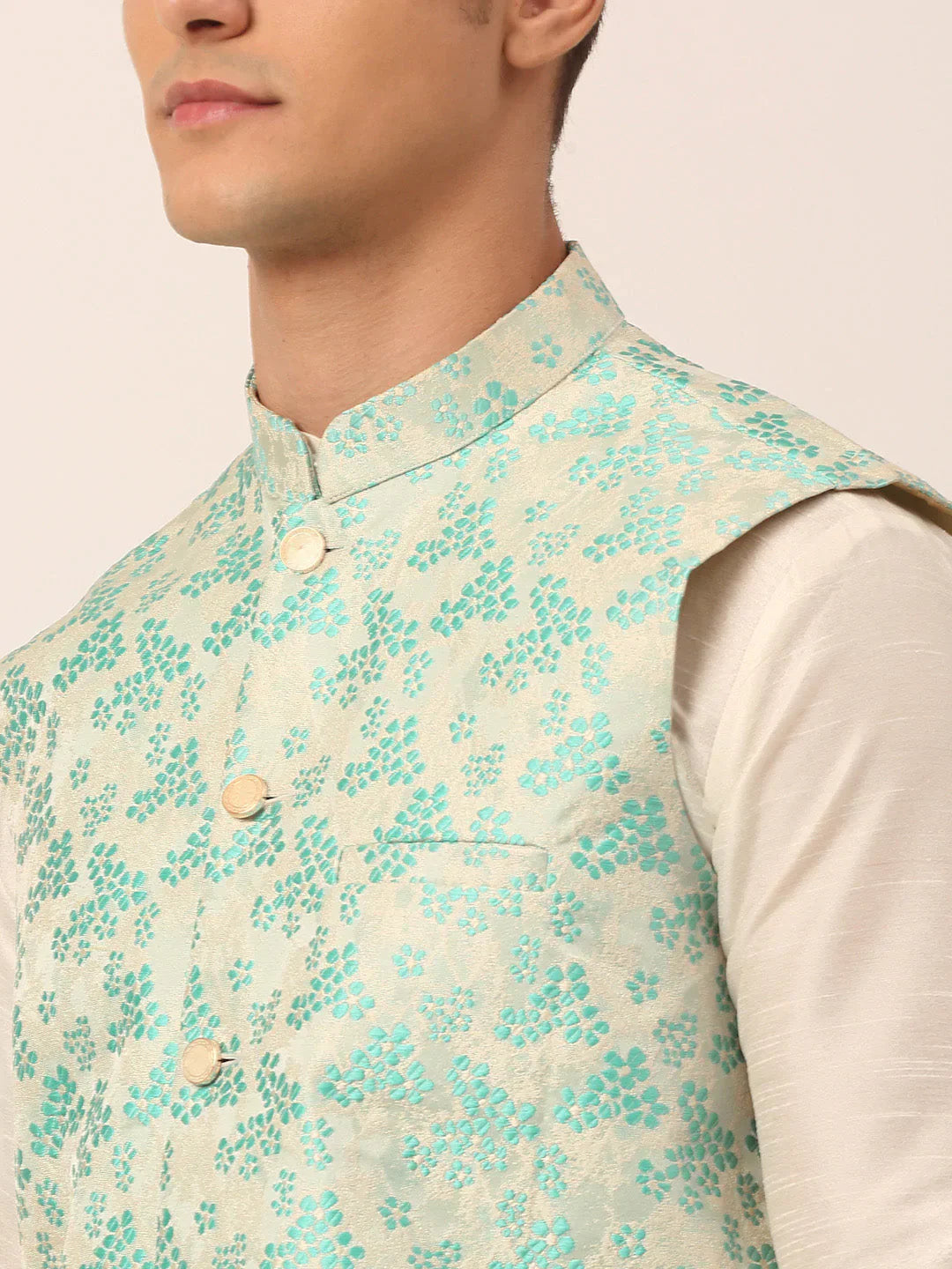 Jompers Men's Solid Kurta Pyjama With Sky Blue Floral Embroidered Nehru Jacket