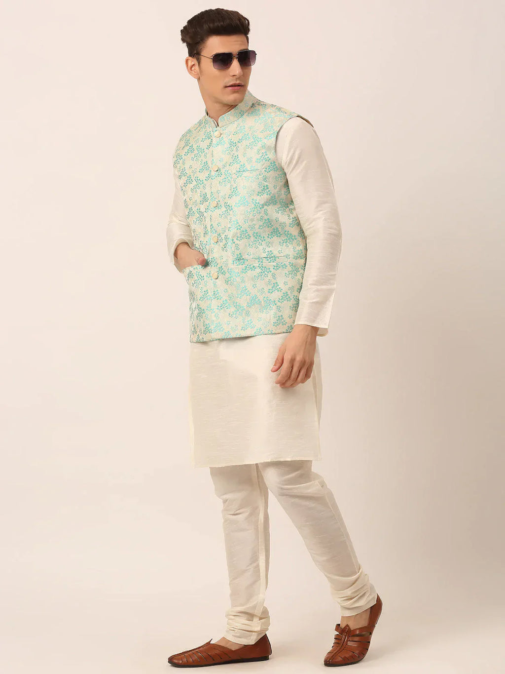 Jompers Men's Solid Kurta Pyjama With Sky Blue Floral Embroidered Nehru Jacket