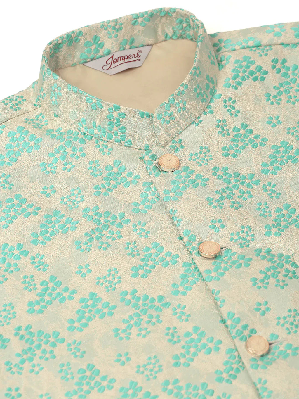 Jompers Men's Solid Kurta Pyjama With Sky Blue Floral Embroidered Nehru Jacket