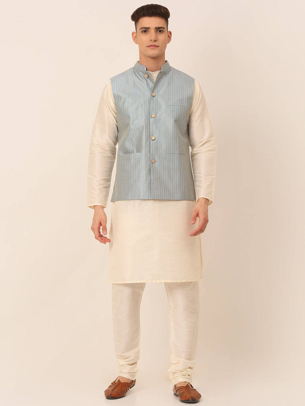 Jompers Men's Solid Kurta Pyjama With Striped Embroidered Nehru Jacket - Blue