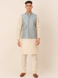 Jompers Men's Solid Kurta Pyjama With Striped Embroidered Nehru Jacket - Blue