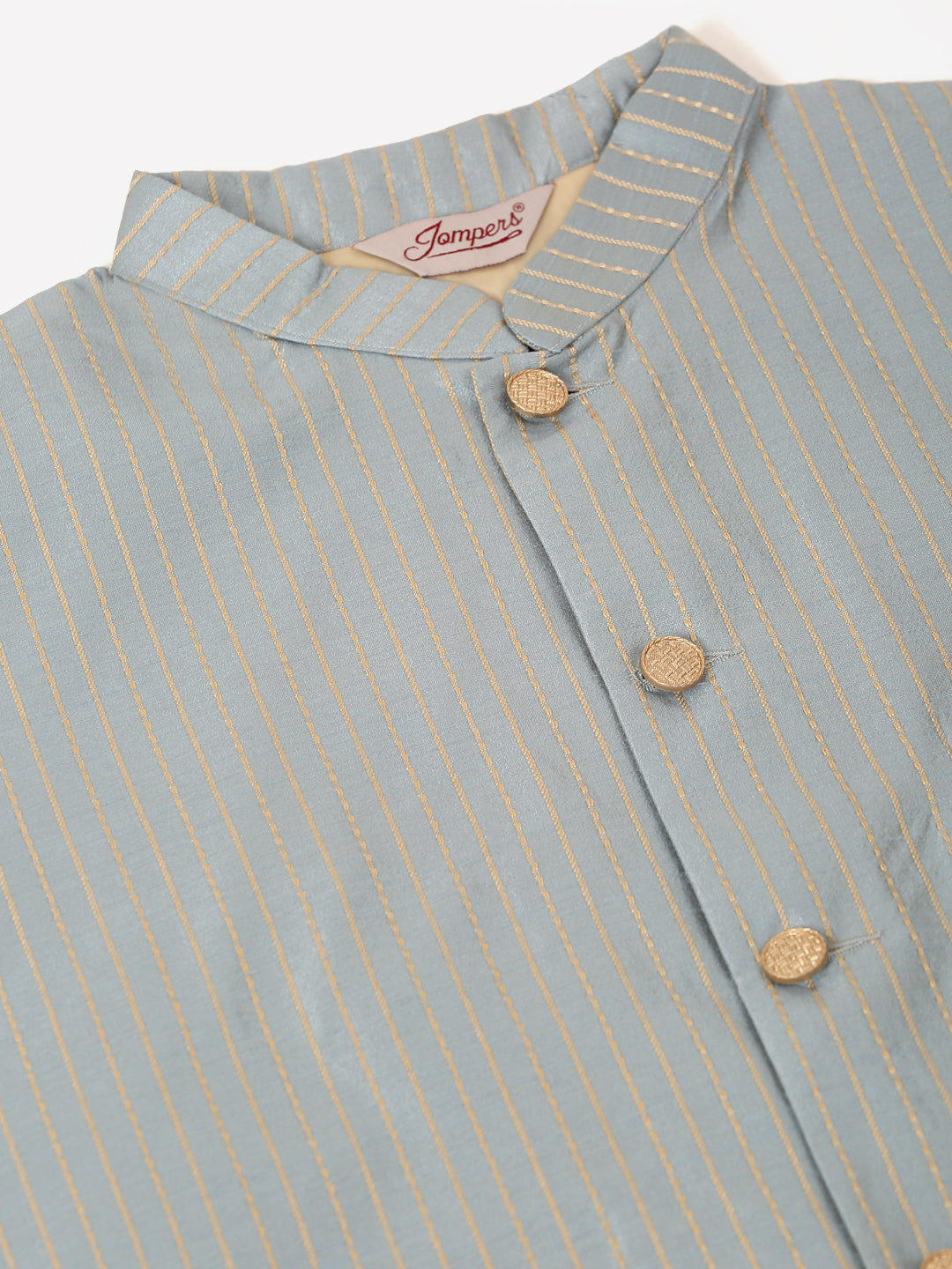 Jompers Men's Solid Kurta Pyjama With Striped Embroidered Nehru Jacket - Blue