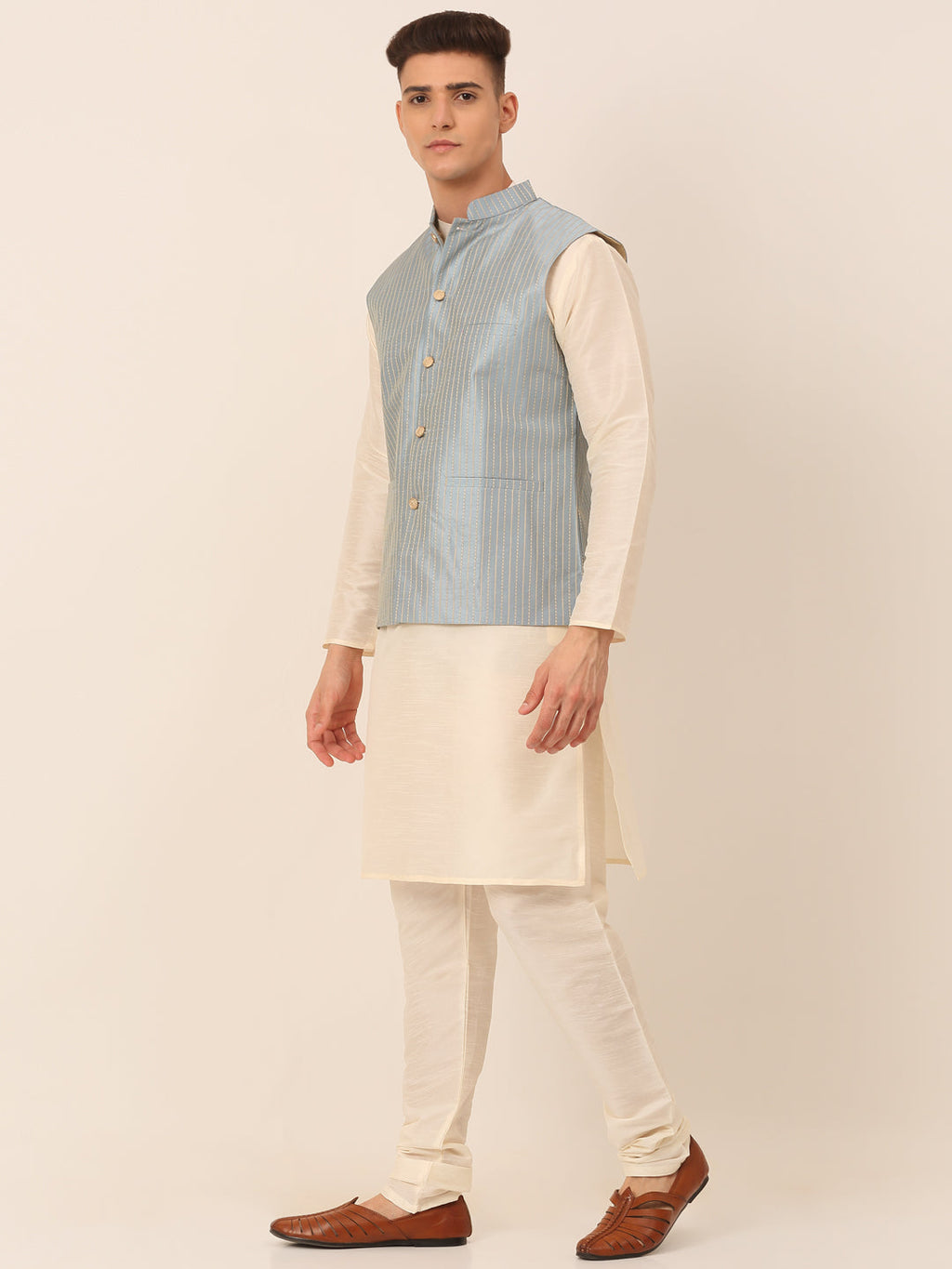 Jompers Men's Solid Kurta Pyjama With Striped Embroidered Nehru Jacket - Blue