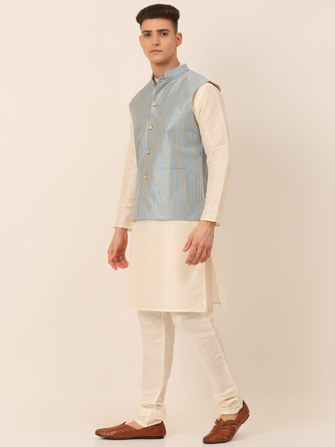 Jompers Men's Solid Kurta Pyjama With Striped Embroidered Nehru Jacket - Blue