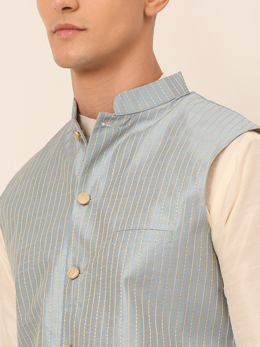 Jompers Men's Solid Kurta Pyjama With Striped Embroidered Nehru Jacket - Blue