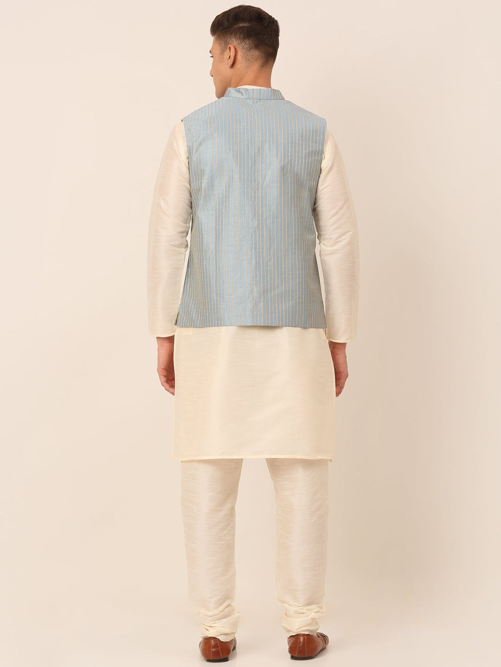 Jompers Men's Solid Kurta Pyjama With Striped Embroidered Nehru Jacket - Blue