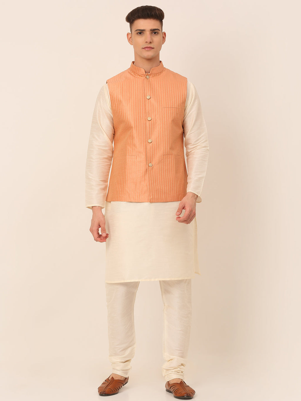 Jompers Men's Solid Kurta Pyjama With Striped Embroidered Nehru Jacket - Peach