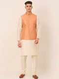 Jompers Men's Solid Kurta Pyjama With Striped Embroidered Nehru Jacket - Peach