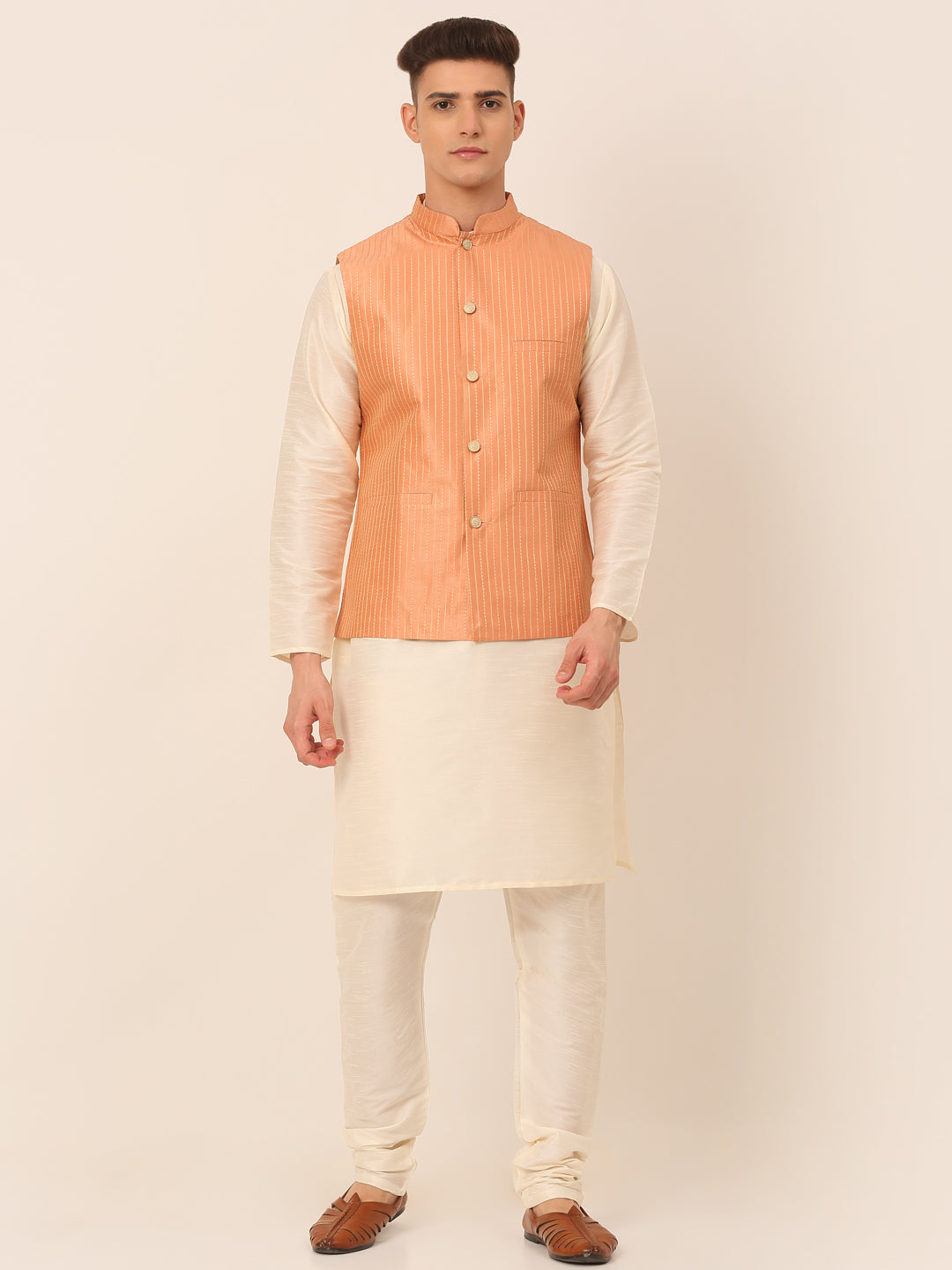 Jompers Men's Solid Kurta Pyjama With Striped Embroidered Nehru Jacket - Peach