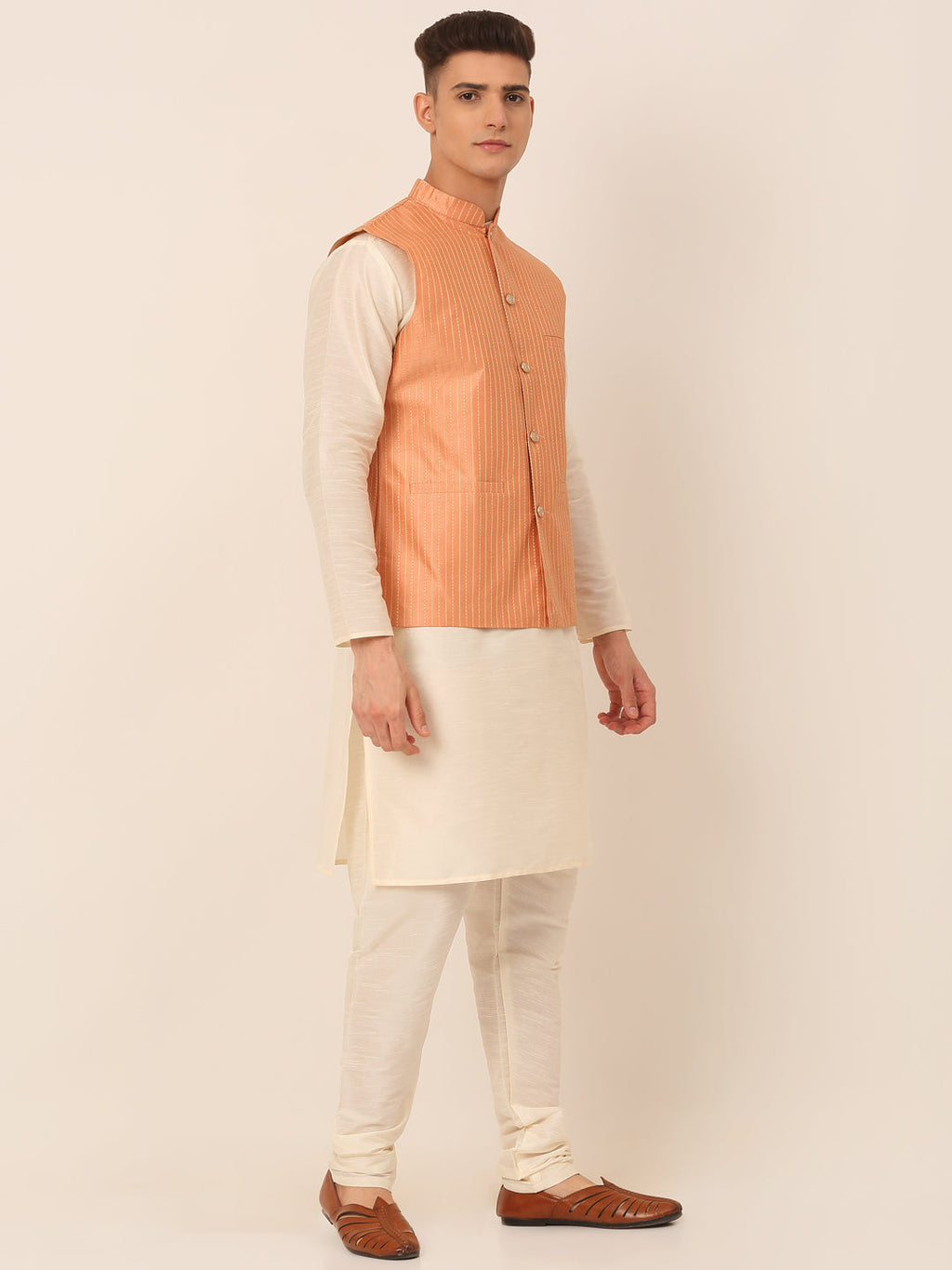 Jompers Men's Solid Kurta Pyjama With Striped Embroidered Nehru Jacket - Peach