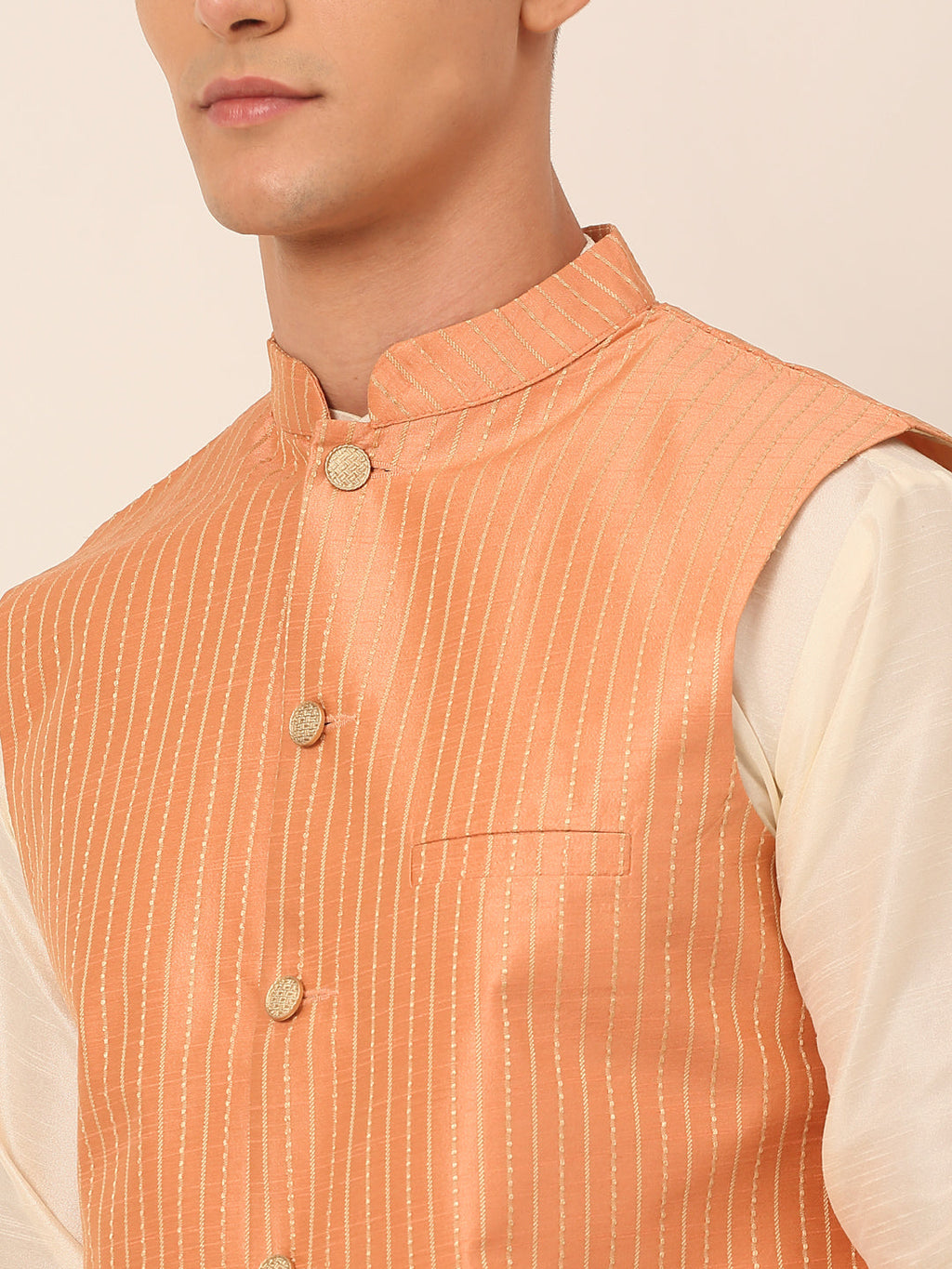 Jompers Men's Solid Kurta Pyjama With Striped Embroidered Nehru Jacket - Peach