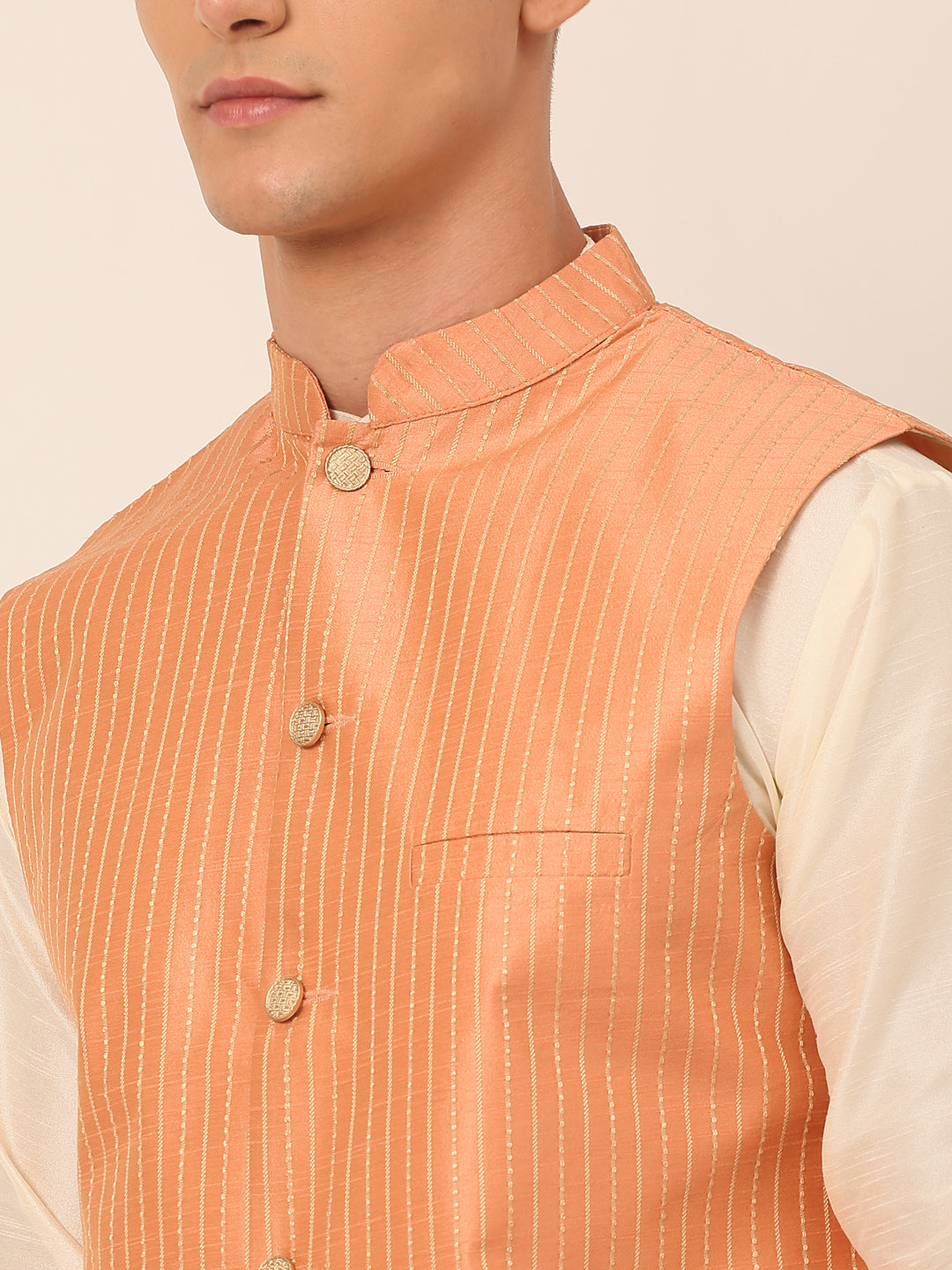 Jompers Men's Solid Kurta Pyjama With Striped Embroidered Nehru Jacket - Peach