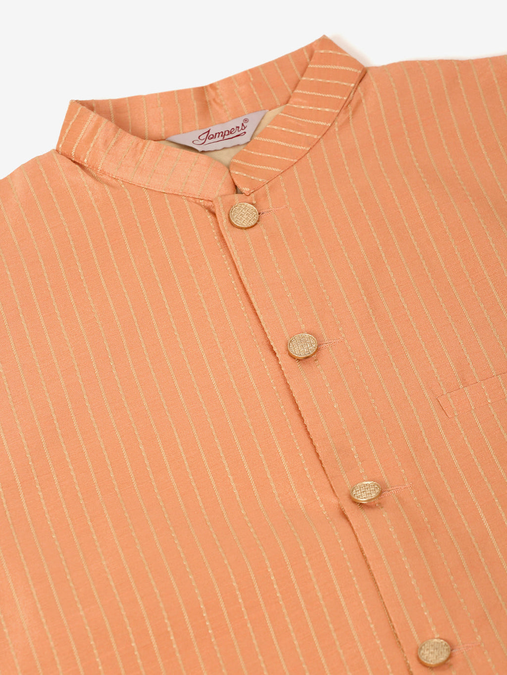Jompers Men's Solid Kurta Pyjama With Striped Embroidered Nehru Jacket - Peach
