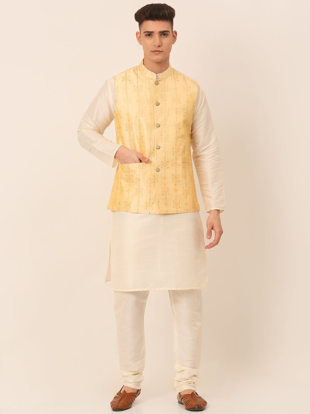 Jompers Men's Solid Dupion Silk Kurta Pyjama With Embroidered Nehru Jacket - Golden
