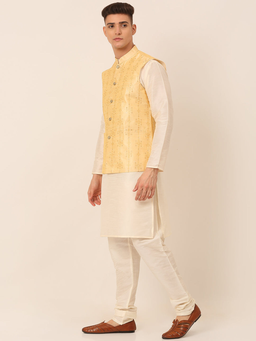 Jompers Men's Solid Dupion Silk Kurta Pyjama With Embroidered Nehru Jacket - Golden
