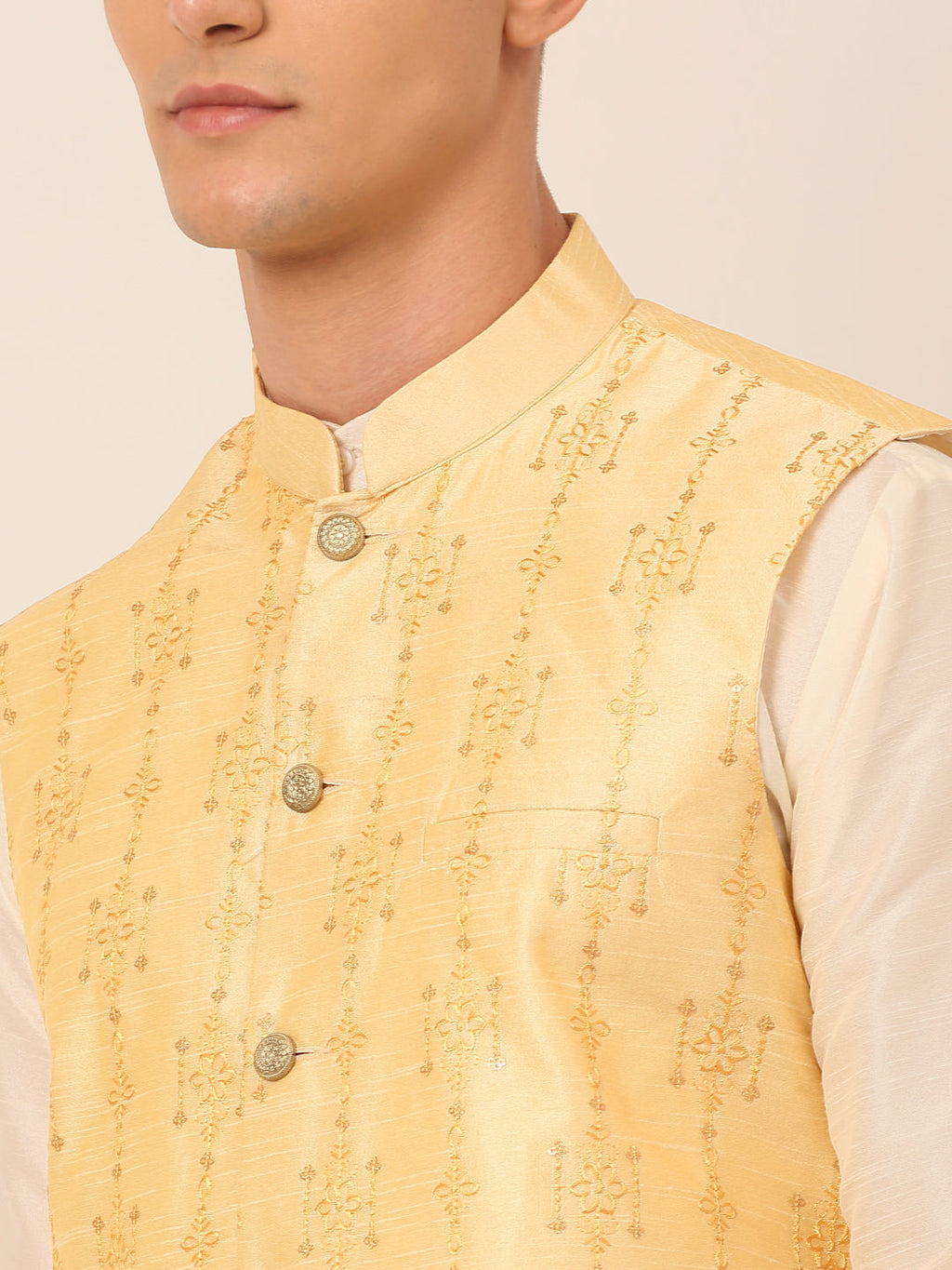 Jompers Men's Solid Dupion Silk Kurta Pyjama With Embroidered Nehru Jacket - Golden