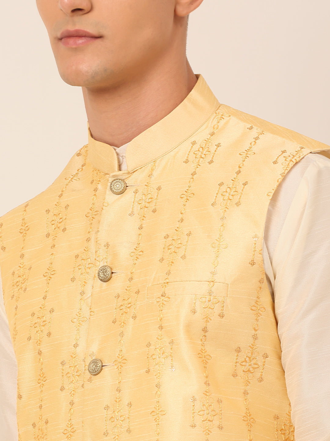 Jompers Men's Solid Dupion Silk Kurta Pyjama With Embroidered Nehru Jacket - Golden