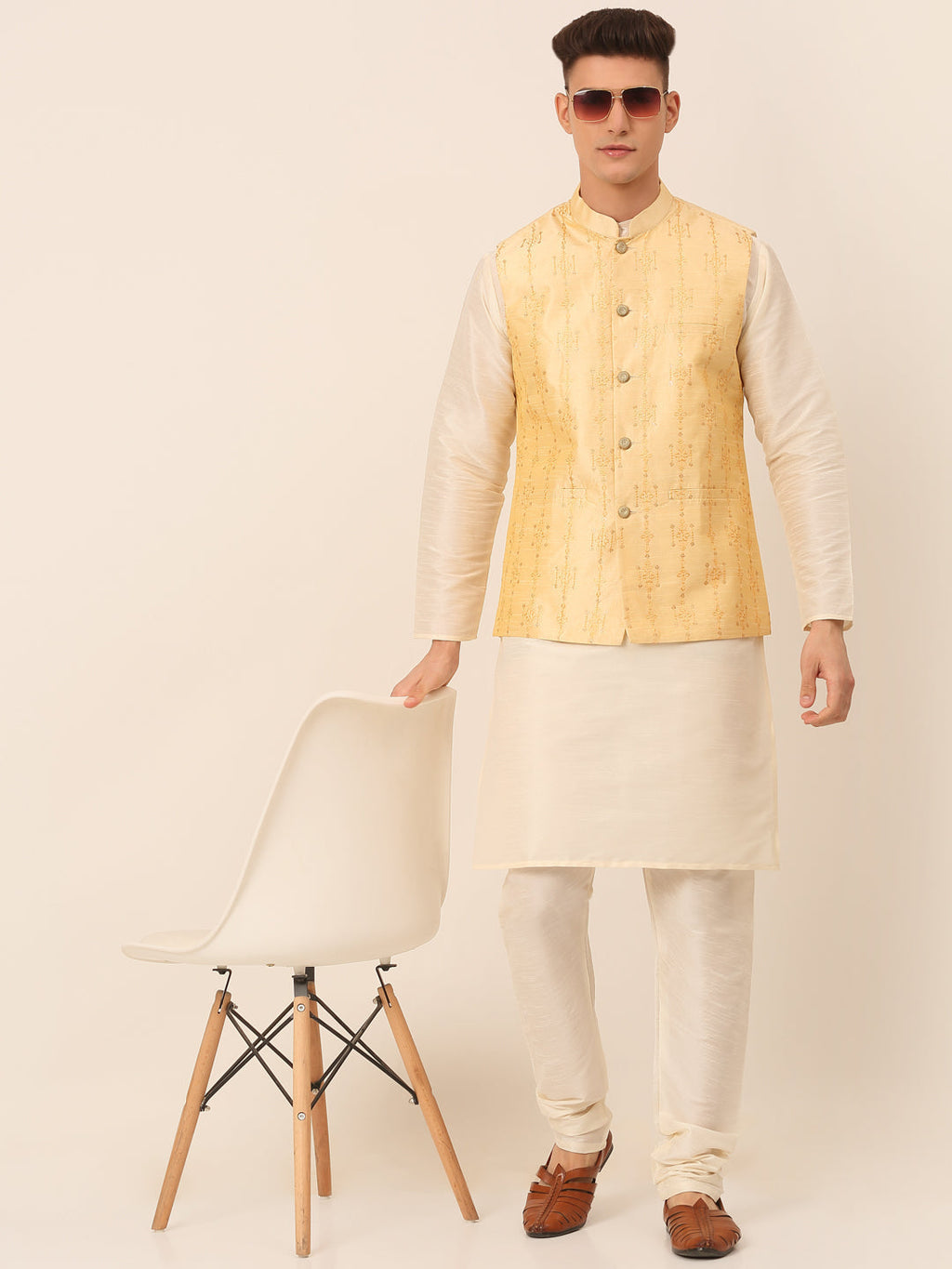 Jompers Men's Solid Dupion Silk Kurta Pyjama With Embroidered Nehru Jacket - Golden
