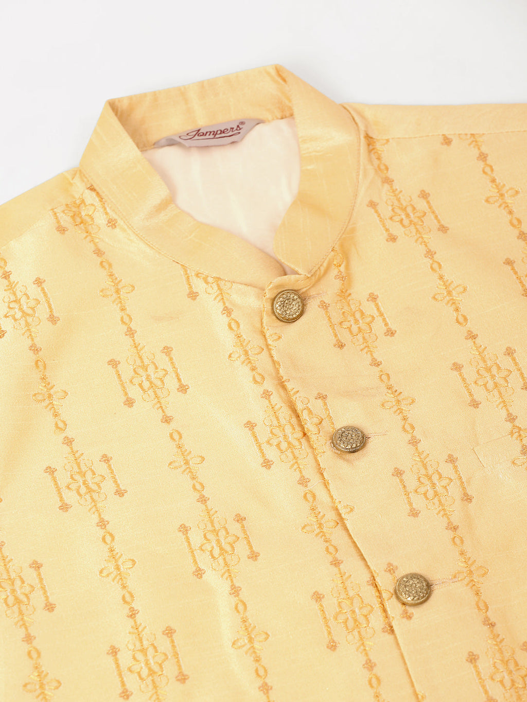 Jompers Men's Solid Dupion Silk Kurta Pyjama With Embroidered Nehru Jacket - Golden